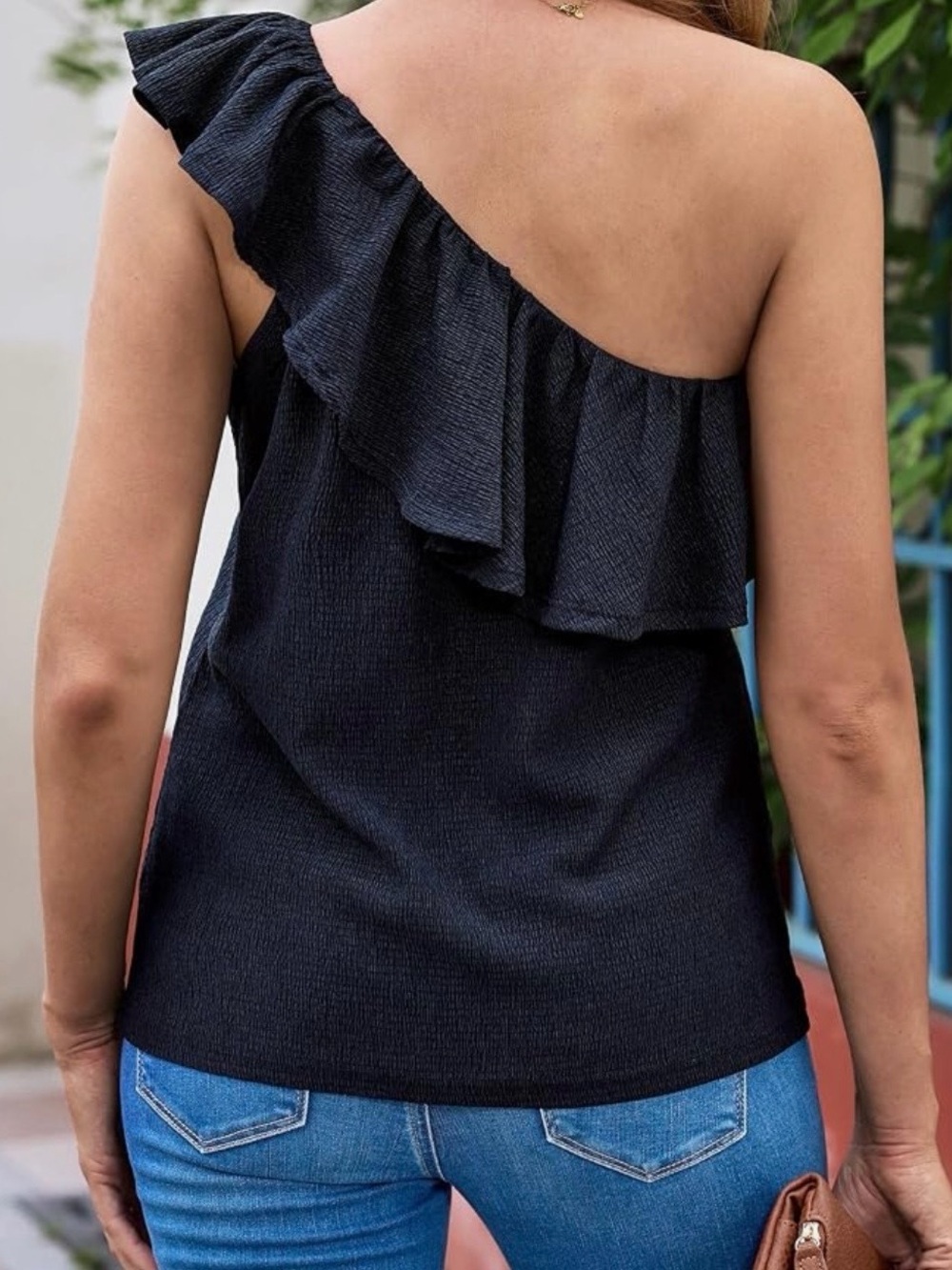 Women’s One-Shoulder Ruffle Top - Black - Picture 2 of 5